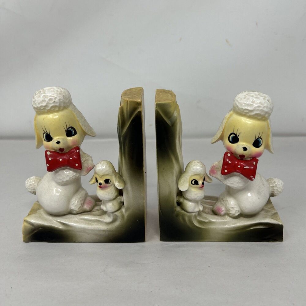 Vintage White Poodle & Puppy Ceramic Book Ends Mid Century Starset Made in Japan